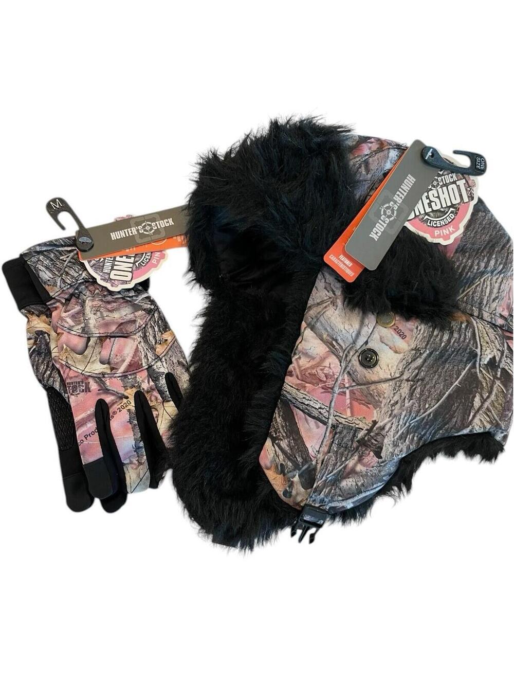 Hunter’s Stock One Shot Camo Trapper Hat & Gloves Womens Pink Bundle NWT